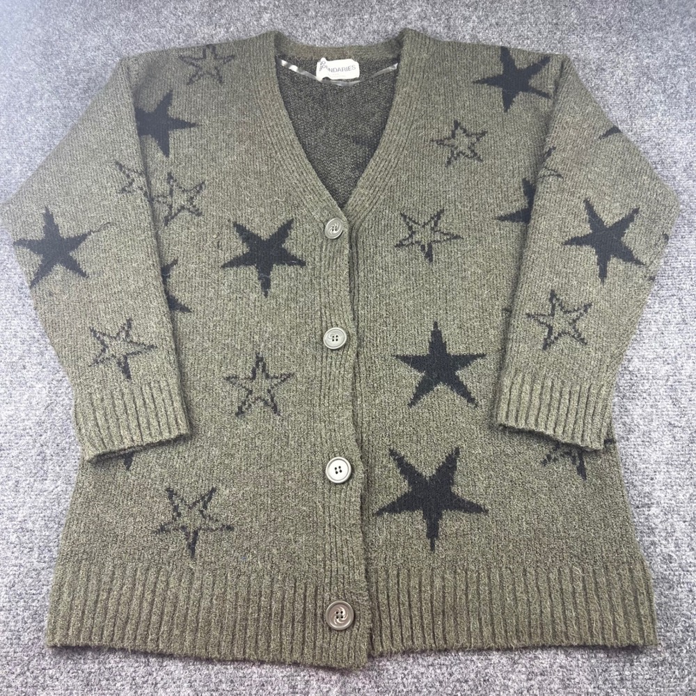 No Boundaries Womens Olive Green Black Star Knit Cardigan Sweater Size S 4-6